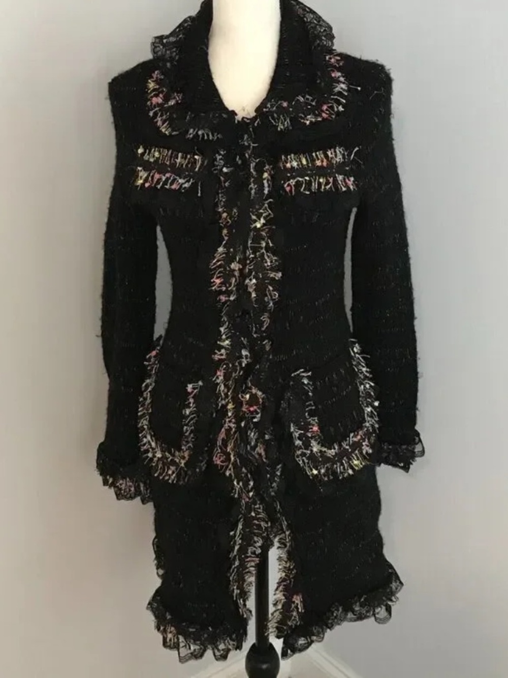 Hazel by Anthropologie Black Wool Cardigan with Multicolor Fringe & Lace